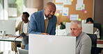 Business men, report and discussion with computer for blog idea, feedback or finance insight in office. Mature people, mentor and copywriter with article, problem solving and brainstorming in startup