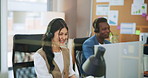 Woman, communication or telemarketing in office with computer, life insurance sale or financial service. Person, talk and coworking with desktop for lead generation, market survey or typing feedback.