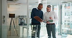 Business men, document and discussion in office with finance report, budget review and statement. Accountant, meeting and tablet with tech for financial audit and company performance evaluation