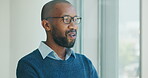 Solution, reflection or black man in office at window, idea or decision on client proposal. Plan, glasses or business consultant in agency with choice, insight or thinking on stakeholder pitch.