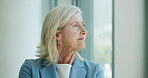 Corporate, thinking or woman in office at window, decision or thoughts on client proposal. Planning, mature or business consultant in agency with choice, remember or reflection on stakeholder pitch.
