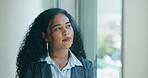 Intern, reflection or woman in office at window, decision or thoughts on job opportunity. Solution, daydream or business consultant in agency with choice, insight or thinking on career promotion.