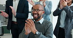 Clapping hands, celebration and business people in office for meeting with well done on achievement. Collaboration, applause and financial advisors with teamwork for investment deal in workplace.