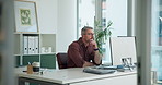 Office, employee and man with computer, thinking and economist with research on website and reading. Online, report and mature person with tech for inflation rates, reflection and financial analysis