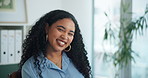 Happy, face and businesswoman in office with confidence for finance career with internship. Smile, professional and portrait of female financial advisor with pride for job development in workplace.