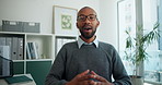 Video call, discussion and face of black man in office for planning finance review with budget. Online meeting, portrait and African male financial manager on virtual conversation for investment deal