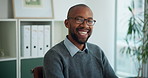 Happy, face and mature black man in office with confidence for finance career with business. Smile, glasses and portrait of African male manager with pride for job development in workplace in Kenya.