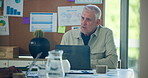 Mature man, team and laptop at office meeting, planning and review with insight at media agency. Person, editor and discussion with web traffic stats, feedback and pc for project at creative agency