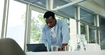 Office, table or black man with computer for programming, monitor system performance or routine maintenance. Below, typing code or programmer with laptop to check software, project development or IT