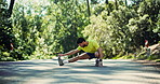 Sports, stretching and legs with man in nature for running, start and workout preparation. Fitness athlete, warm up and training with male person outdoor for exercise, cardio challenge and health