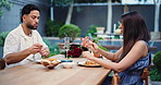 Couple, date and eating food at house with love, romance and anniversary celebration. People, talk and champagne for fine dining, Italian cuisine and bonding for relationship commitment at fancy home