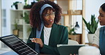 Review, solar panel or women in office with prototype,  feedback or plan for energy pitch. Sustainable, tech or employee in agency with photovoltaic cell, idea or solution for renewable power project
