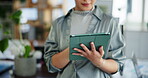 Hands, plants and tablet with business woman in green office for net zero development or research. App, digital schedule and planning with employee person in eco friendly workplace for sustainability