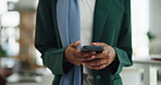 Hands, phone and scroll message with business woman in office for alert, communication or notification. App, contact or update with creative employee typing on mobile tech for internet search
