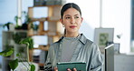 Plants, tablet and thinking with business woman in green office for net zero development or research. App, planning and vision with employee person in eco friendly workplace for sustainability