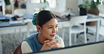 Computer, thinking and businesswoman in office with ideas for creative project with publishing. Technology, professional and female magazine editor with planning for online article in workplace.