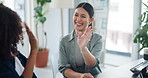 Sustainability, lawyers or high five in office for celebration, clean energy or environment lawsuit success. Eco friendly law, accountability or women with social responsibility case, winner or happy