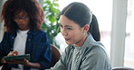 Collaboration, conversation and meeting with business women in green office for project management. Plants, sustainability and tablet with employee team in eco friendly workplace for development