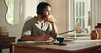 Writing, notebook and man in home office for thinking, agenda and schedule for ideas for article. Planning, journalist and freelancer with laptop, headphones and inspiration for remote work with tech
