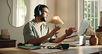 Businessman, laptop and video call with headphones for online meeting or communication in home. Man, freelancer or remote work with discussion, computer or webinar for proposal or conversation