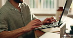 Remote work, typing and man on laptop in home for article, website content and copywriting. Freelancer, hands and person on computer for online publishing, editing news review and magazine story