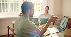 Man, team and laptop with discussion in home for KPI review, startup funding and remote work. Entrepreneur, partnership and tech screen with graphs for budget planning, competitor analysis and flare
