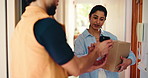 Woman, delivery man and sign at front door, phone or box for customer experience with e commerce. People, courier and smile with app for package, shipping service and thanks for product at apartment