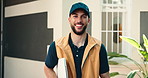 Happy, home and face of deliveryman outdoor with confidence for ecommerce distribution. Smile, logistics and portrait of male courier with package for shipping at house with pride for career.