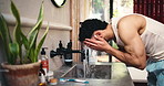 Home, washing face and man in bathroom, hygiene and healthy skin with morning routine. Apartment, faucet and person with liquid, aqua and cleaning with water, skincare and grooming with splash or wet