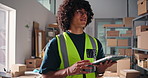 Tablet, thinking and walking with man in logistics office for delivery, distribution or shipping of boxes. App, idea and reflective vest with employee in supply chain depot for agenda or schedule