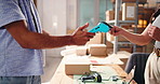 People, hands and pos machine with credit card for box, purchase or small business logistics. Closeup, owner and customer with debit or NFC for wireless transaction, payment or package in store