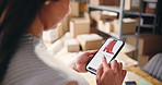 Hands, woman and phone screen with fashion ecommerce for shoes choice, purchase and clearance sale. Person, mobile and catalog for online shopping, clothes decision and payment for order in warehouse