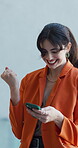 Education, university student or woman dancing with phone, results release or scholarship success. Achievement, winning or happy person with celebration for online announcement, mobile app or excited