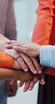 Office, meeting and hands stack of business people for collaboration, partnership and synergy. Startup company, teamwork and workers in circle for agreement, solidarity and support in workplace