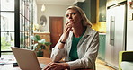 Woman, laptop and thinking with typing for remote work from home, insight or decision for article. Person, freelance writer and computer with perspective, smile or inspiration with project at house