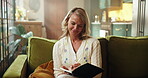 Happy woman, writing or relax on sofa with journal for planning goals, creative idea or gratitude list. Person, daily reflection or notes in home with diary for self care, inspiration or affirmations