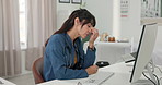 Doctor, woman or computer in office with headache from typing medical report, fatigue or glasses. Healthcare worker, person or desktop in workplace with migraine for research, frustration or eyewear.