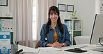 Face, happy woman and doctor in office with computer for medical career, job satisfaction and service. Healthcare worker, mature person and desktop in workplace with smile, confidence and about us.