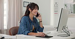 Medical, phone call or woman in office with computer, appointment change or discussion on test result. Typing, smile or doctor in clinic with tech, patient feedback or telehealth for treatment update