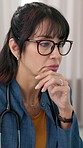 Thinking, doctor and woman in office for reading patient report, medical research and diagnosis. Healthcare, clinic and person with reflection, thoughtful and decision for wellness or treatment plan