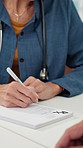Doctor, hands or writing with patient, prescription or note for medical diagnosis or medication. Closeup, healthcare worker or consultation with paper for health advice, dosage or checklist in clinic
