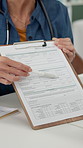 Woman, doctor or hands with clipboard for medical aid, health insurance or application form. Female person, document or survey with document for healthcare policy, agreement or consultation in clinic