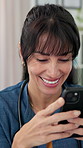 Happy, doctor and woman with phone in office for social media, online message and notification. Healthcare, clinic and person laugh on smartphone for internet, connection and funny chat on break
