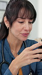 Typing, doctor and woman with phone for online consulting, virtual diagnosis and website. Healthcare, clinic and person on smartphone for internet, telehealth and digital prescription on health app