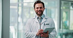 Face, doctor and happy man in hospital, tablet and app with connection, pride and healthcare. Person, medical service and professional in clinic, smile and research with email for online schedule