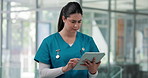 Tablet, woman and nurse in clinic with research for information, diagnosis or treatment plan. Professional, digital technology and female medical worker with online health insurance form in hospital.