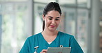 Smile, nurse and woman with tablet for medical history, patient feedback or records in hospital. Clinic, person and healthcare worker with tech for research, insurance information and check schedule