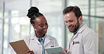 Hospital, talking and doctors on tablet for online results, diagnosis advice and consulting. Healthcare, clipboard and happy man and woman on digital tech for medical research, patient report or help