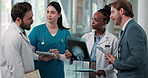 Xray, tablet and team of doctors and nurses in hospital for medical diagnosis in collaboration. Radiography image, discussion and group of healthcare employees with treatment planning in clinic.