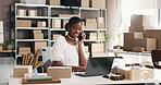 Logistics, woman or laptop with phone call in warehouse for shipping enquiry, track delivery or update. Small business, black person or mobile contact for order confirmation, supply chain or schedule